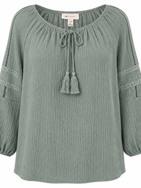 AB Studio Boho Peasant Blouse 1X Sage Green Tassel Tie Textured Lace Sleeve